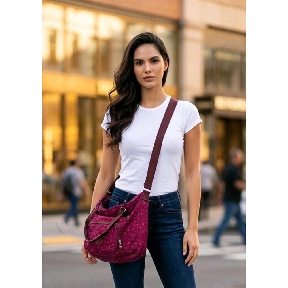 Kipling Large Tote Bag Burgandy With Monkey Mania Pattern 20x12x7